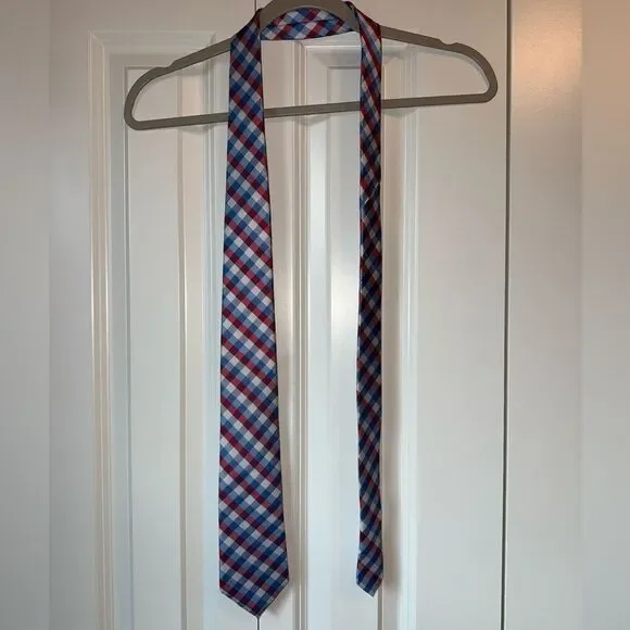 Men’s Club Room Plaid Red White and Blue Tie - Picture 3 of 5